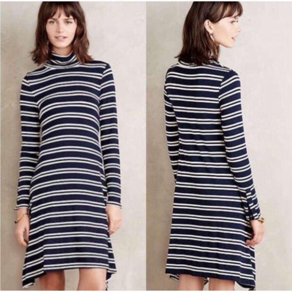 Maeve Anthropologie Striped Mock Neck Swing Dress Size Medium Minimalist Navy